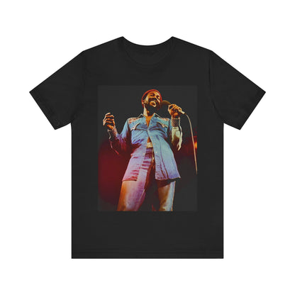 A black graphic t-shirt featuring a graphic of Marvin Gaye with groovy funk vibes.