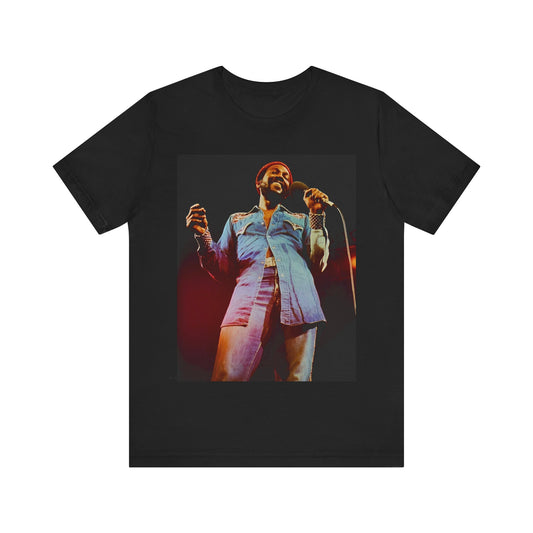 A black graphic t-shirt featuring a graphic of Marvin Gaye with groovy funk vibes.