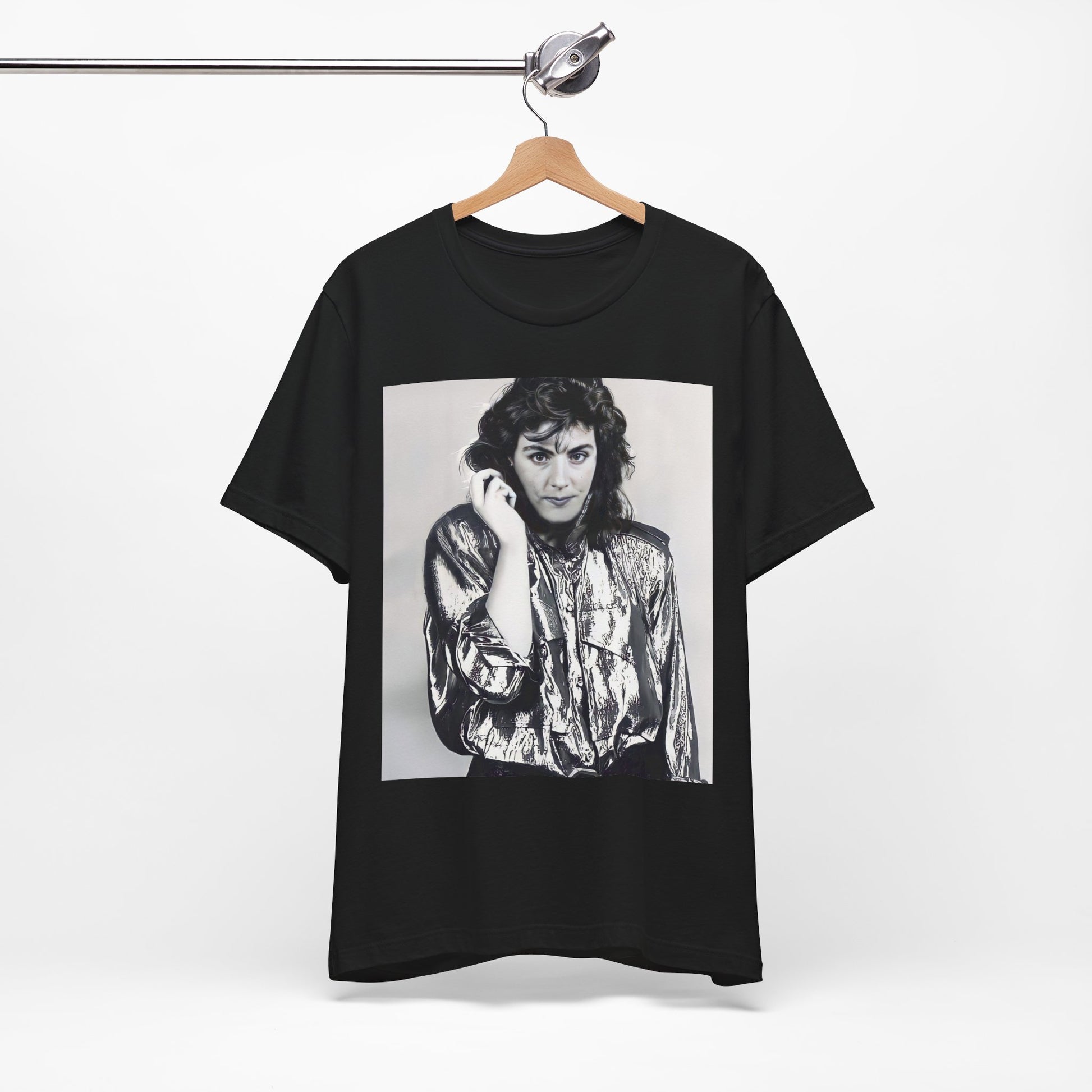A black graphic t-shirt featuring a retro graphic related to Laura Branigan's 'Gloria' song or era.