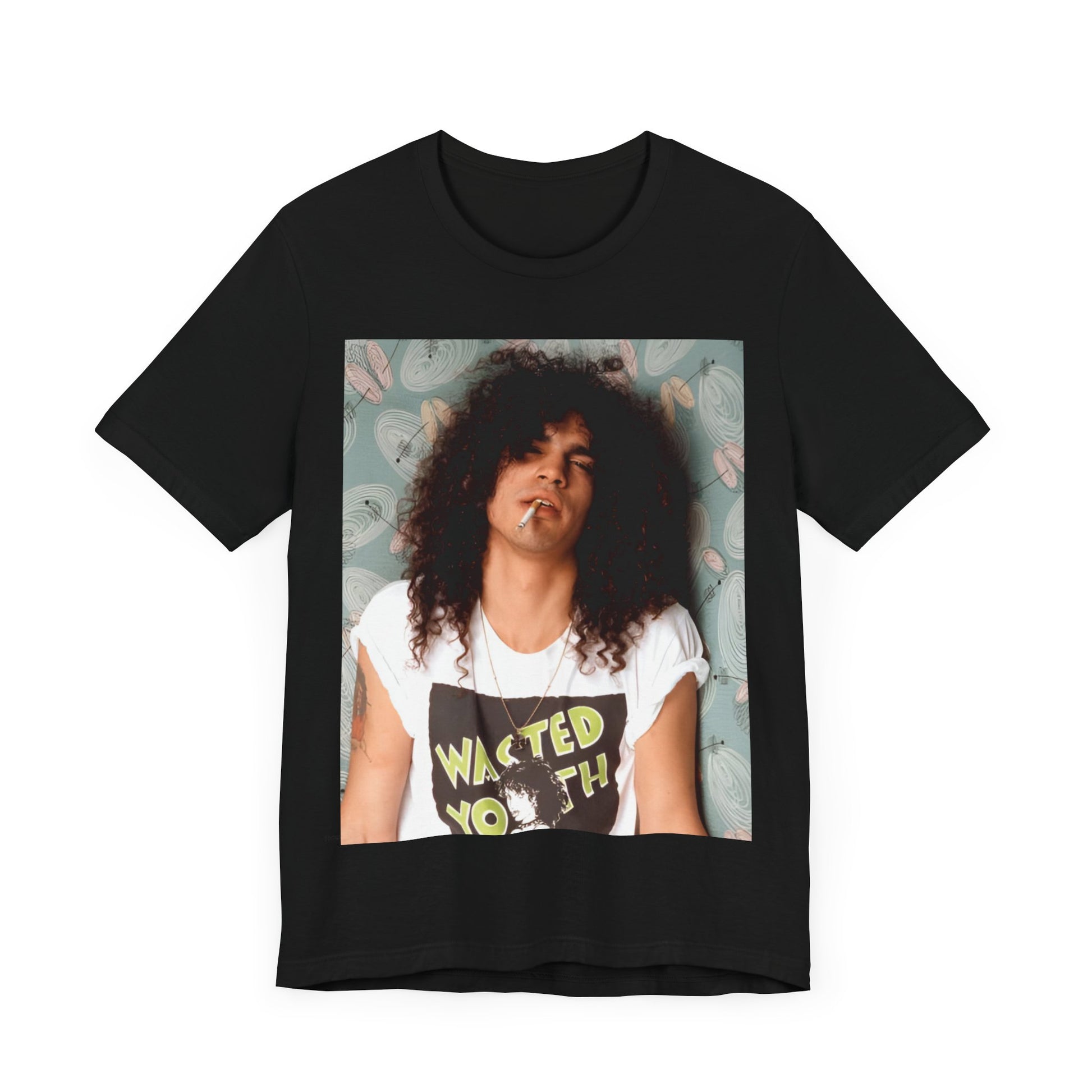 A black graphic t-shirt featuring a 90s photo of Slash from Guns N' Roses.