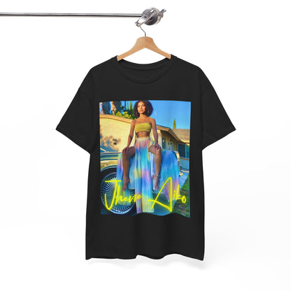 A black graphic t-shirt featuring a retro R&B aesthetic graphic of Jhene Aiko.