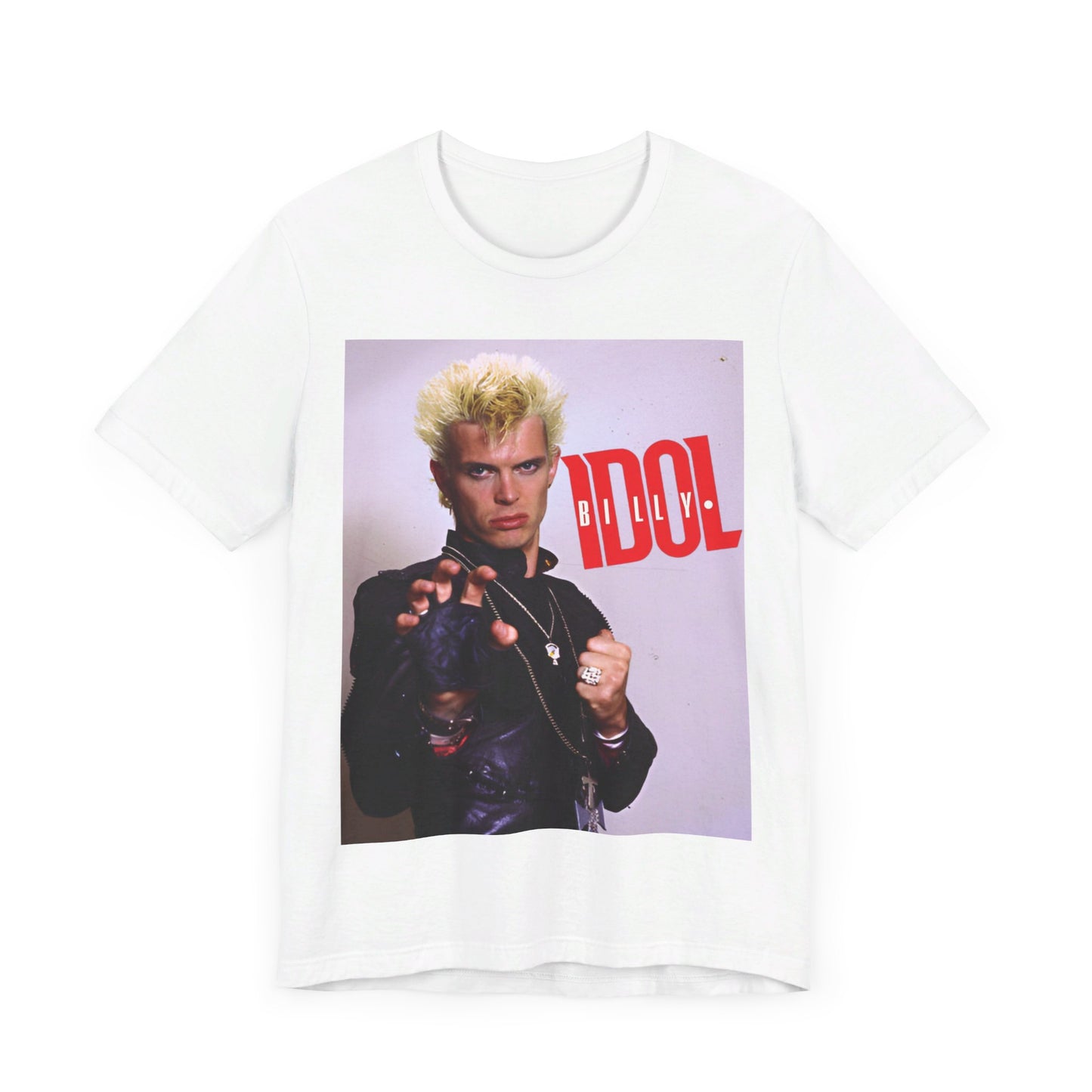 A black graphic t-shirt featuring a graphic of Billy Idol in an iconic rock pose from the 1980s.