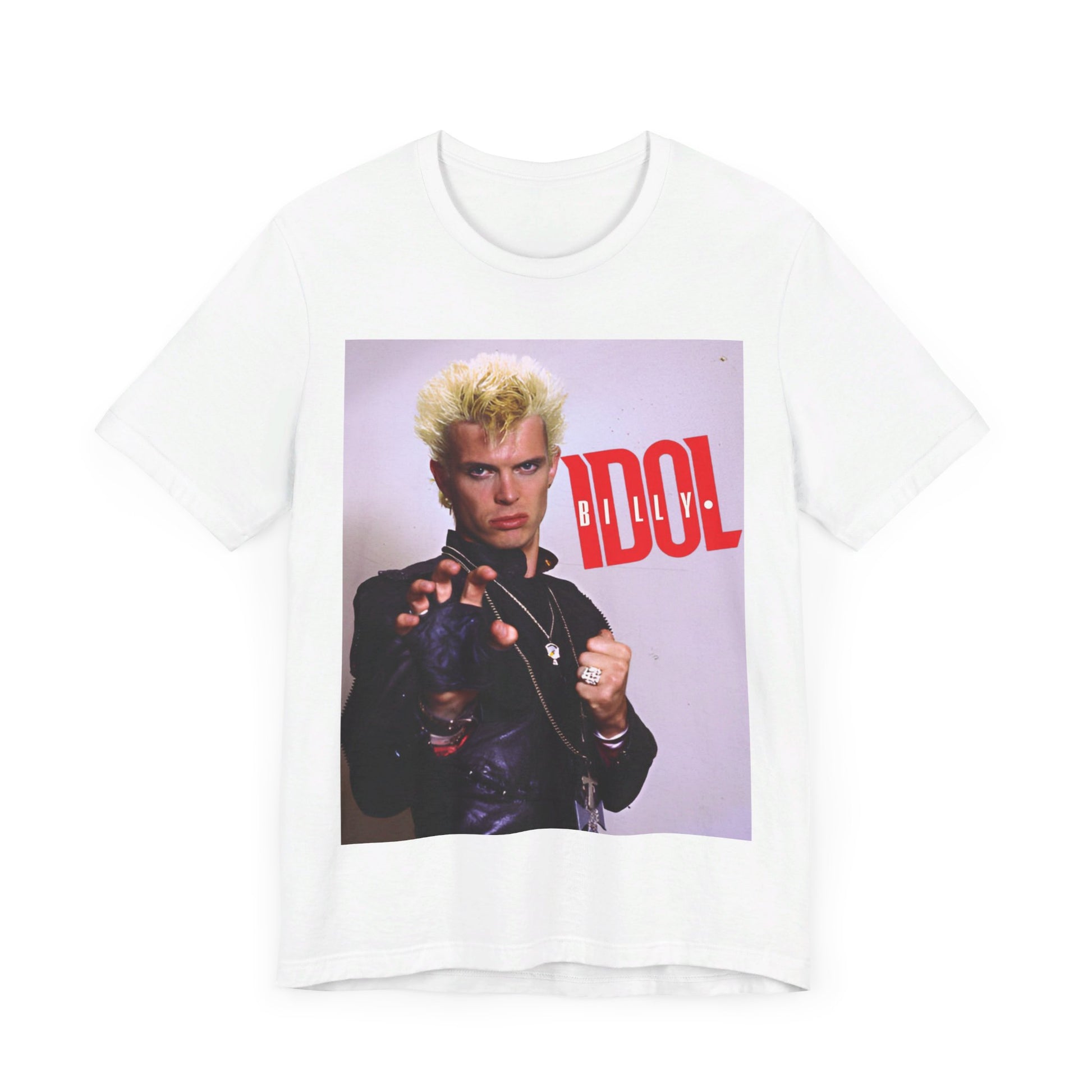 A black graphic t-shirt featuring a graphic of Billy Idol in an iconic rock pose from the 1980s.