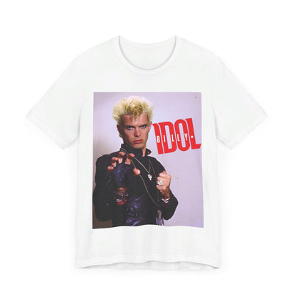 A black graphic t-shirt featuring a graphic of Billy Idol in an iconic rock pose from the 1980s.