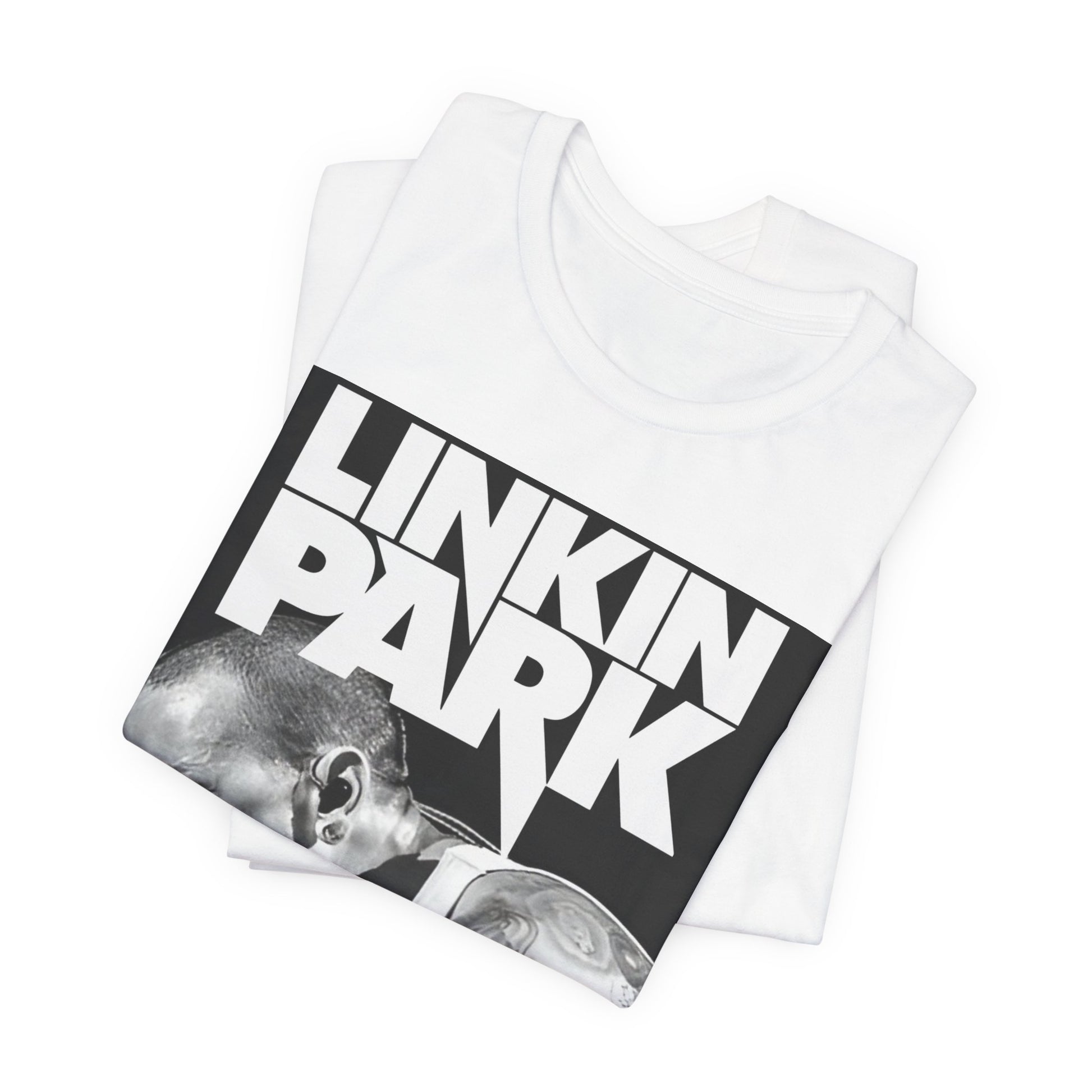 A black graphic t-shirt featuring a black and white graphic or photo portrait of Chester Bennington from Linkin Park.
