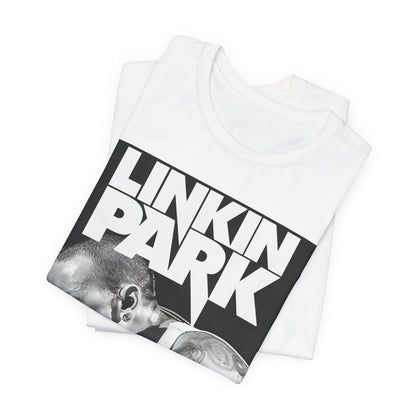 A black graphic t-shirt featuring a black and white graphic or photo portrait of Chester Bennington from Linkin Park.