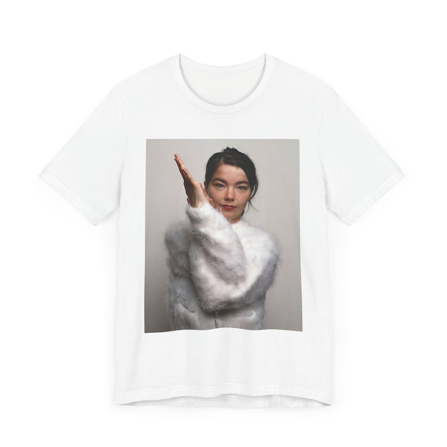 A black graphic t-shirt featuring a classic indie music graphic of Bjork.