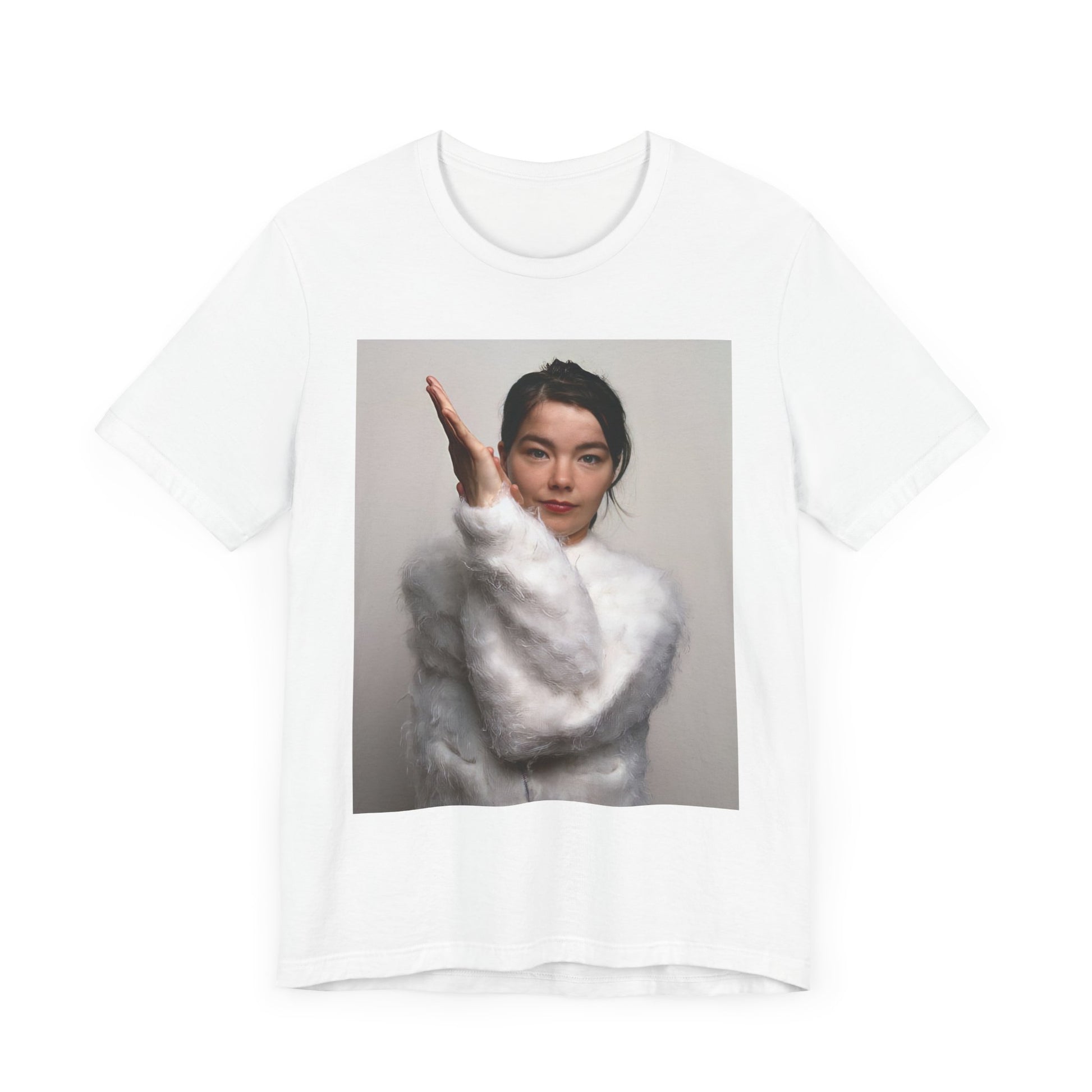 A black graphic t-shirt featuring a classic indie music graphic of Bjork.