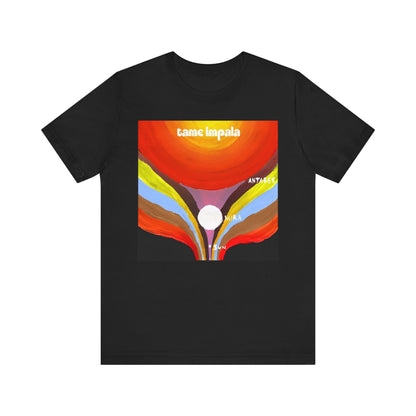 A black graphic t-shirt featuring a graphic inspired by Tame Impala's albums.