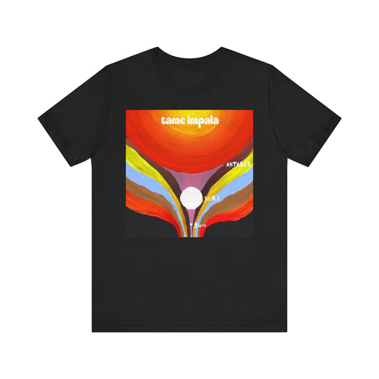 A black graphic t-shirt featuring a graphic inspired by Tame Impala's albums.