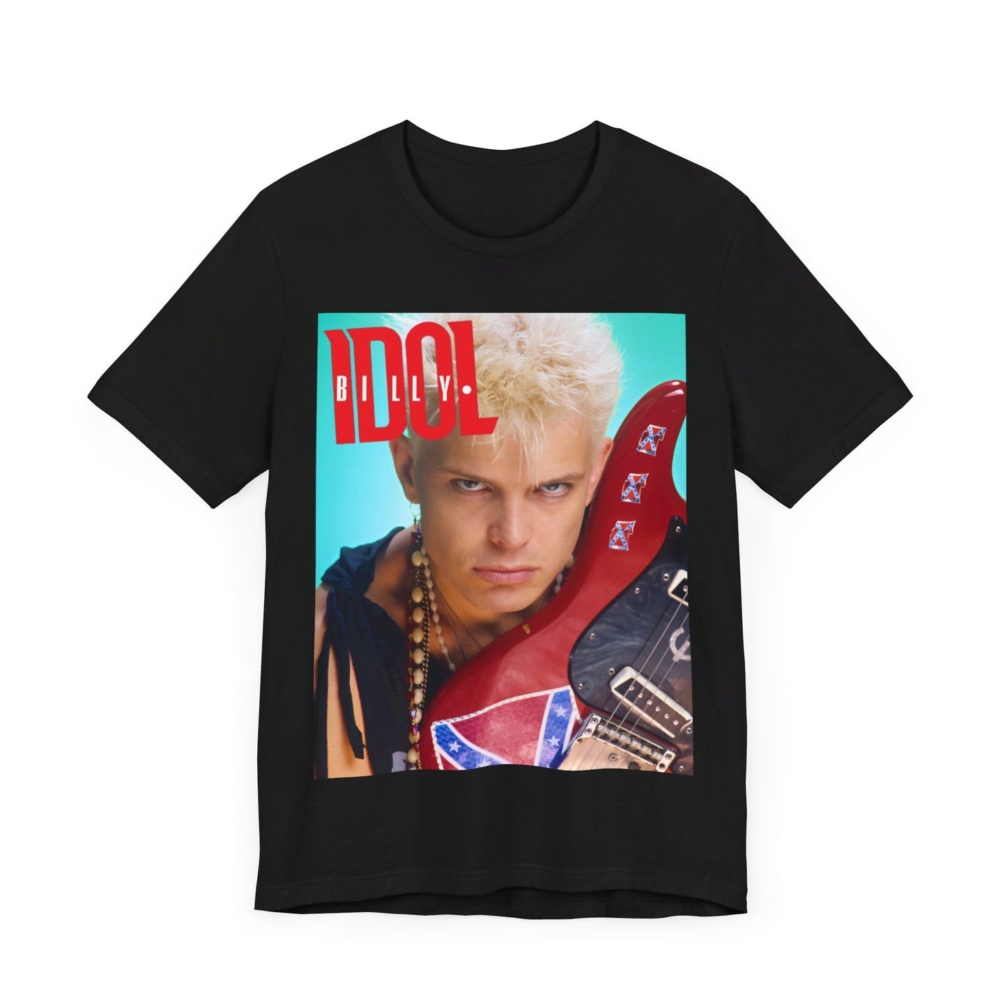 A black graphic t-shirt featuring a retro 80s graphic related to Billy Idol's 'Don't Stop' era or song.