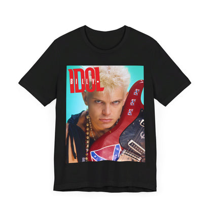 A black graphic t-shirt featuring a retro 80s graphic related to Billy Idol's 'Don't Stop' era or song.
