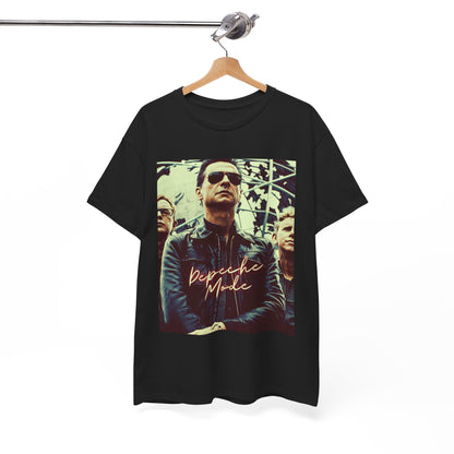 A black graphic t-shirt featuring a graphic of Depeche Mode as synth-pop pioneers.
