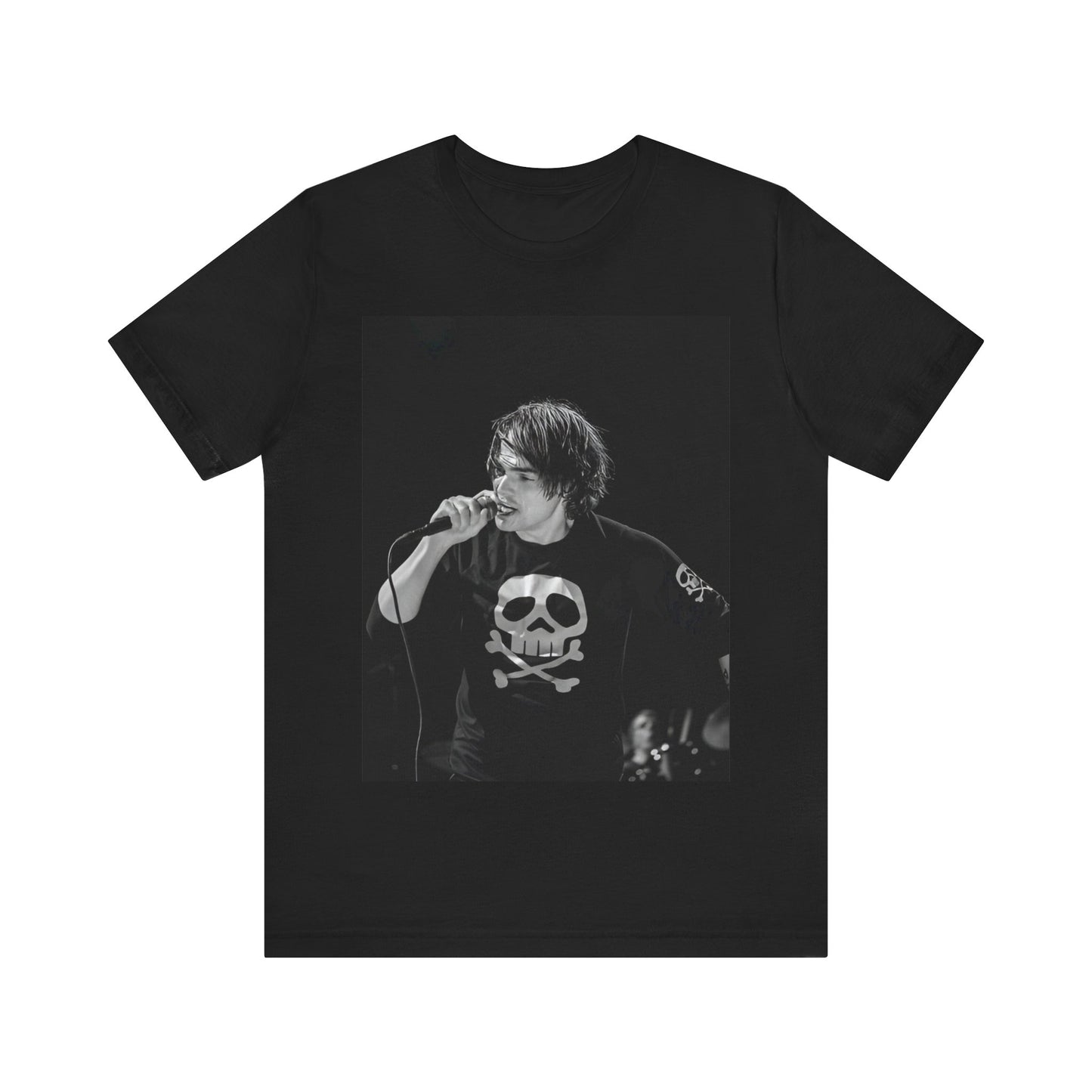 A black graphic t-shirt featuring a black and white portrait photo of Gerard Way from My Chemical Romance.