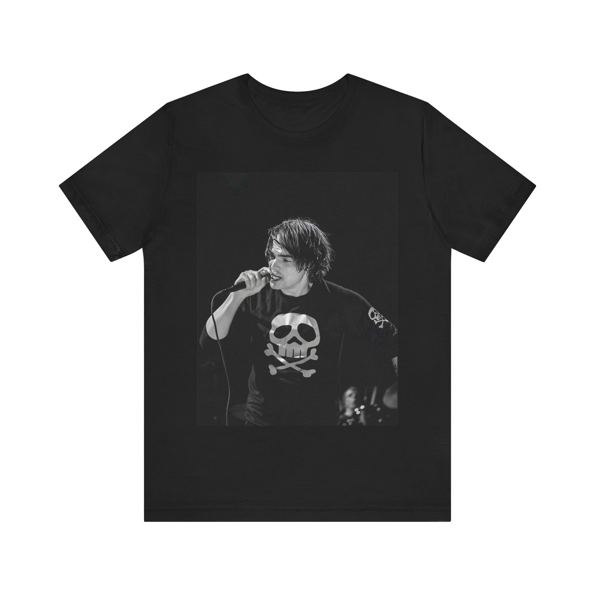 A black graphic t-shirt featuring a black and white portrait photo of Gerard Way from My Chemical Romance.