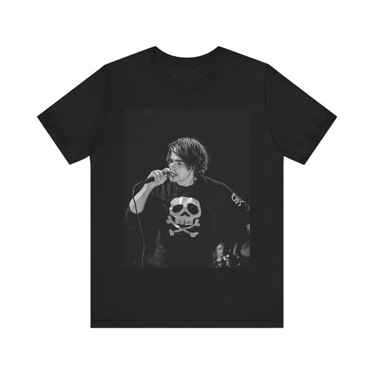 A black graphic t-shirt featuring a black and white portrait photo of Gerard Way from My Chemical Romance.