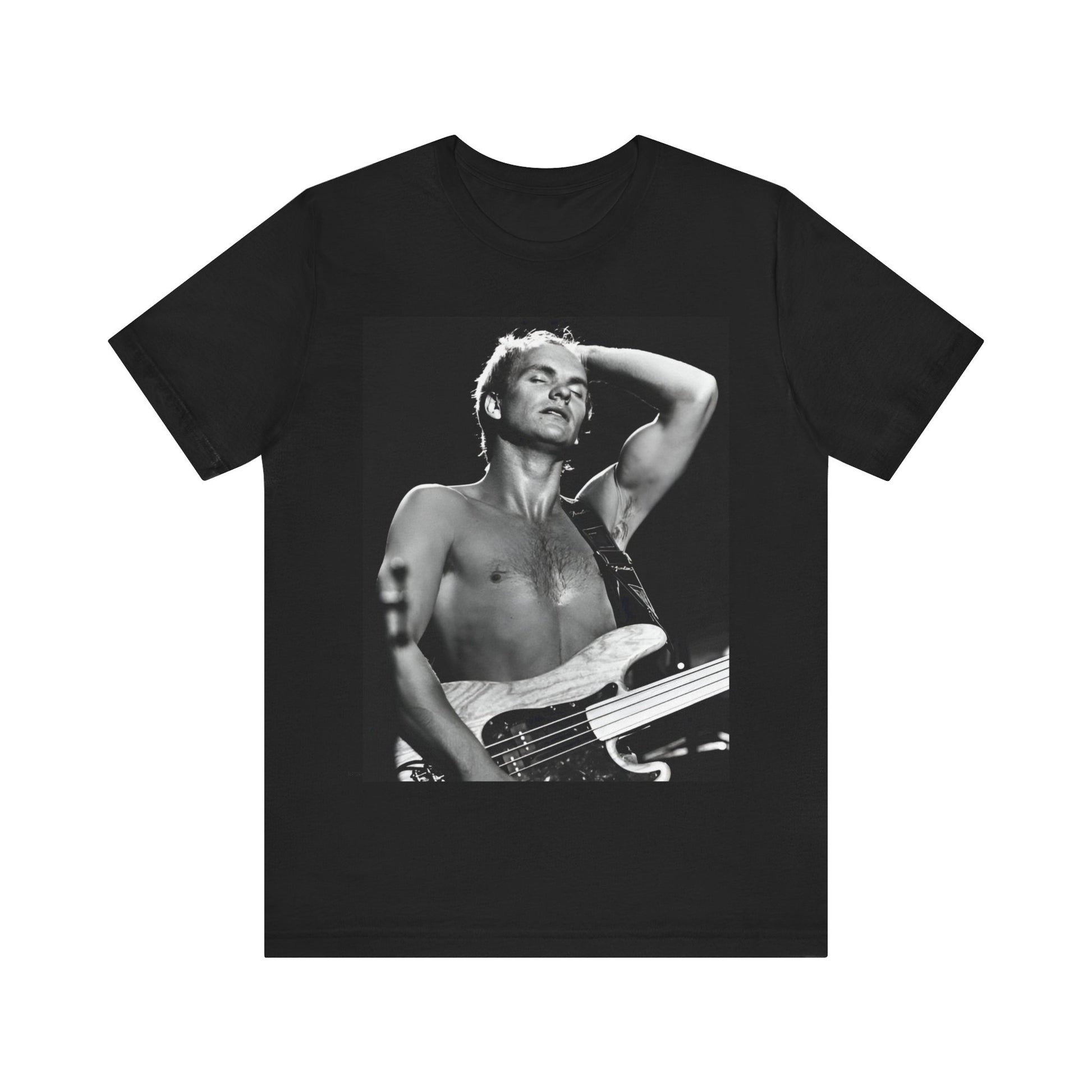 A black graphic t-shirt featuring a graphic or photo of Sting performing live on stage in 1983.