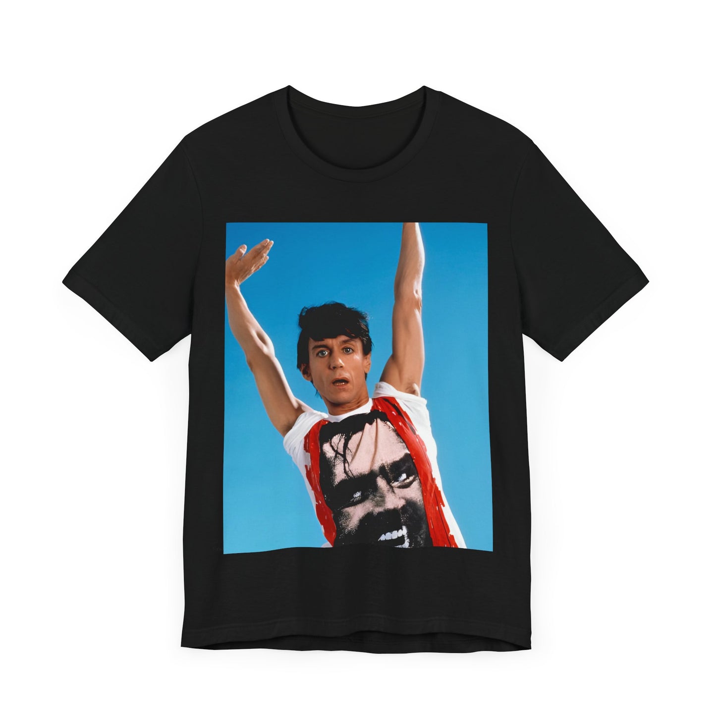 A black graphic t-shirt featuring a 70s graphic of Iggy Pop with a 'Raw Power' aesthetic.