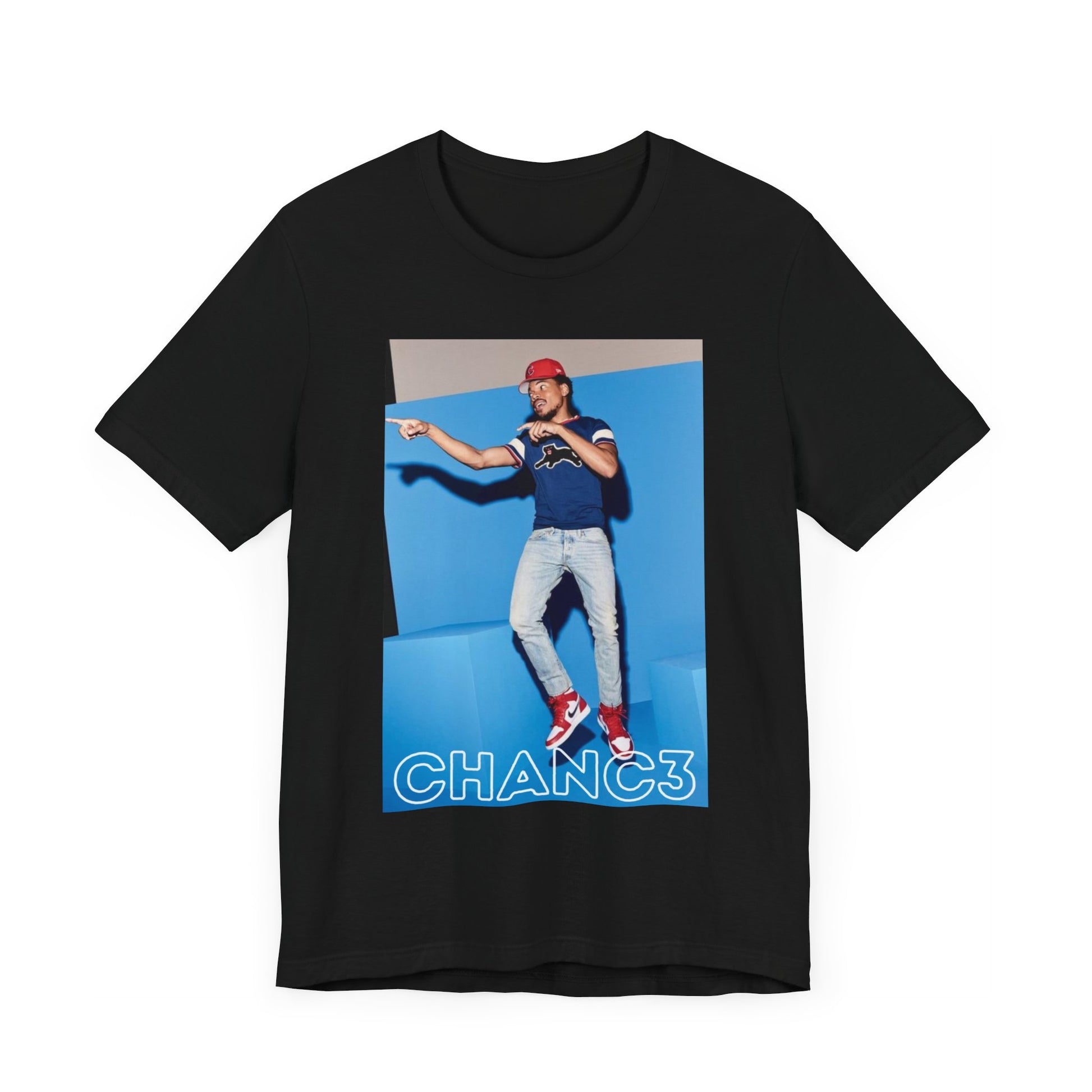 A black graphic t-shirt featuring a graphic of Chance the Rapper emphasizing his gospel rap style.