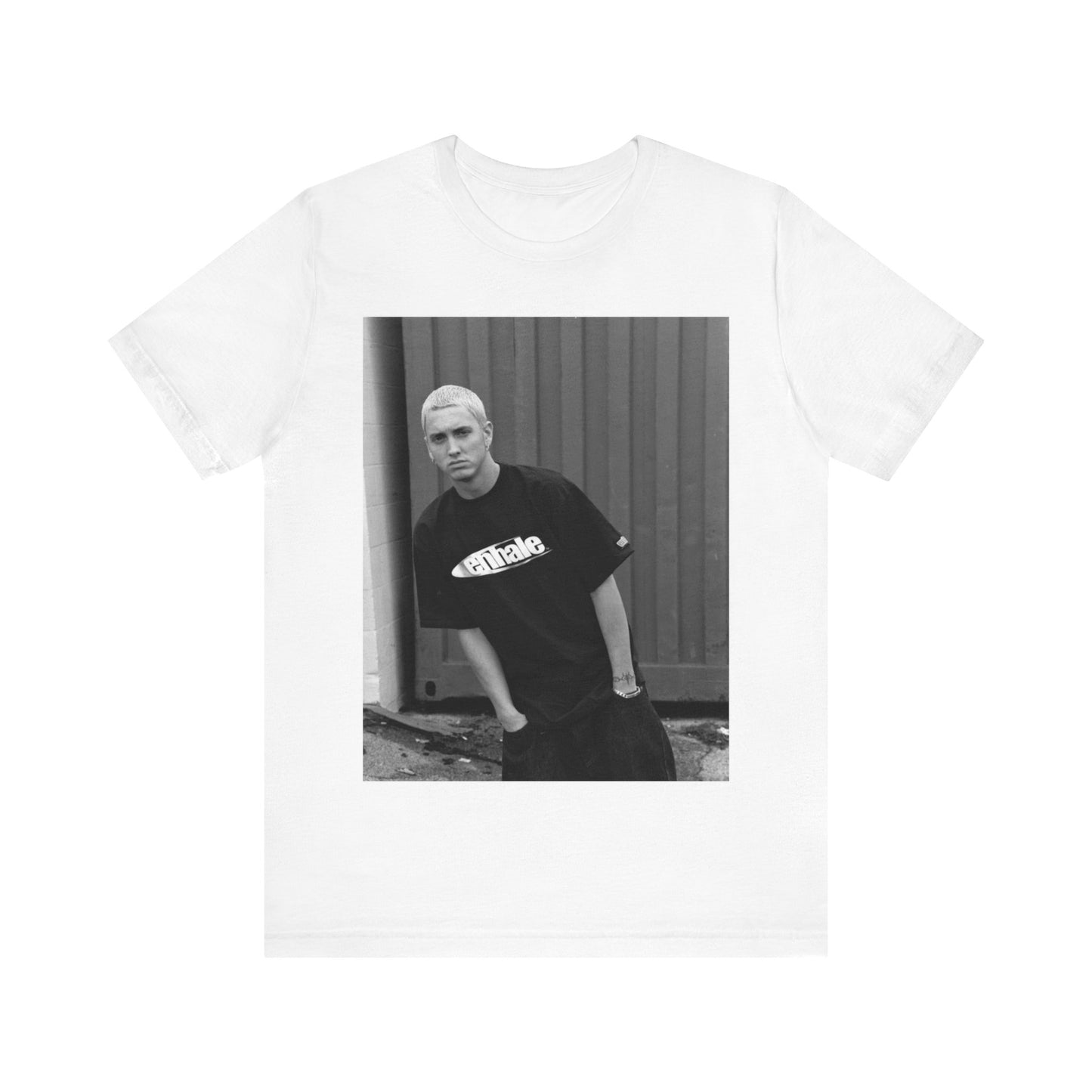 A black graphic t-shirt featuring a graphic of Eminem with a Detroit hip hop aesthetic.