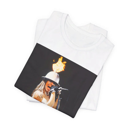 A black graphic t-shirt featuring a graphic of Anthony Kiedis from Red Hot Chili Peppers on tour, depicting wild energy.