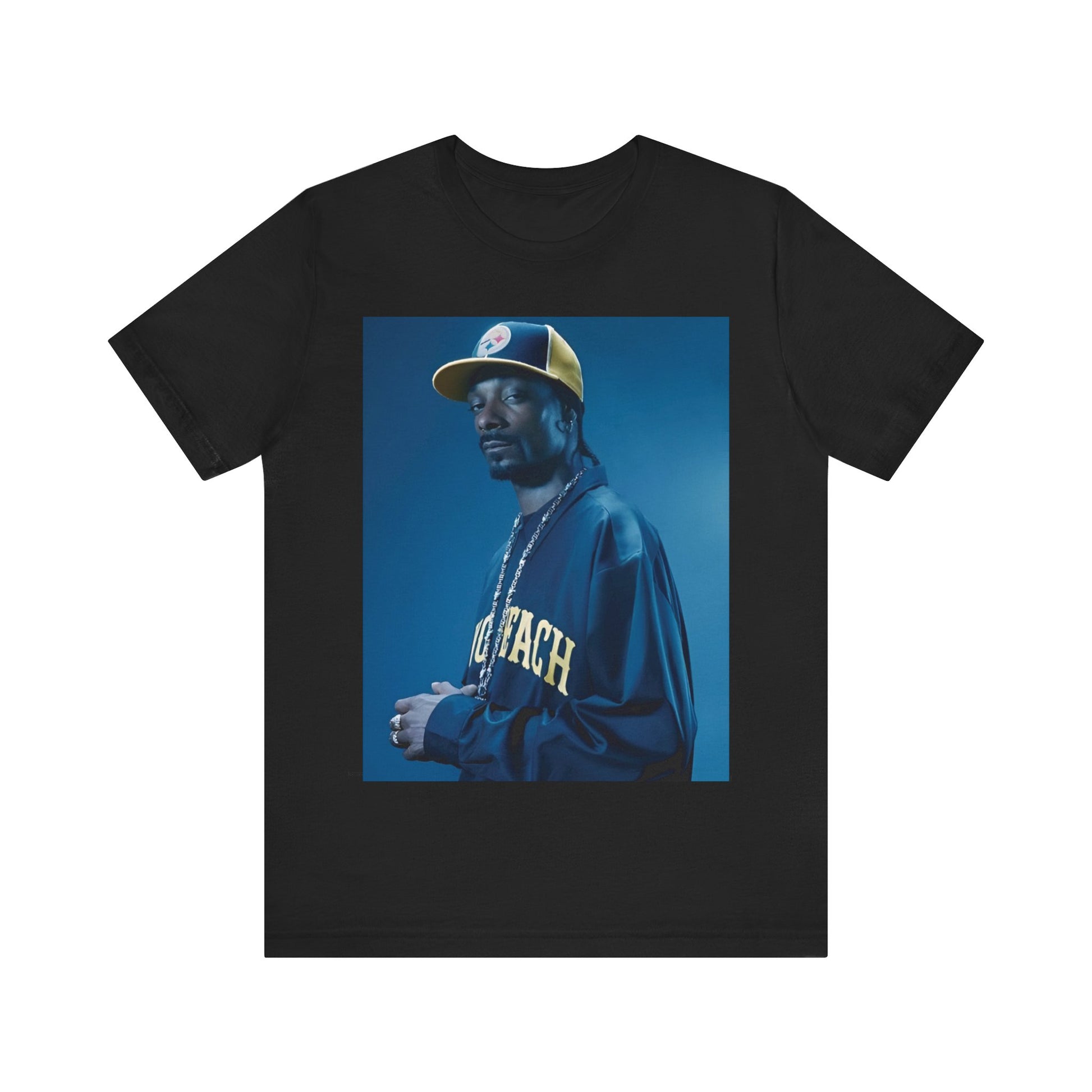 A black graphic t-shirt featuring an authentic West Coast graphic of Snoop Dogg.