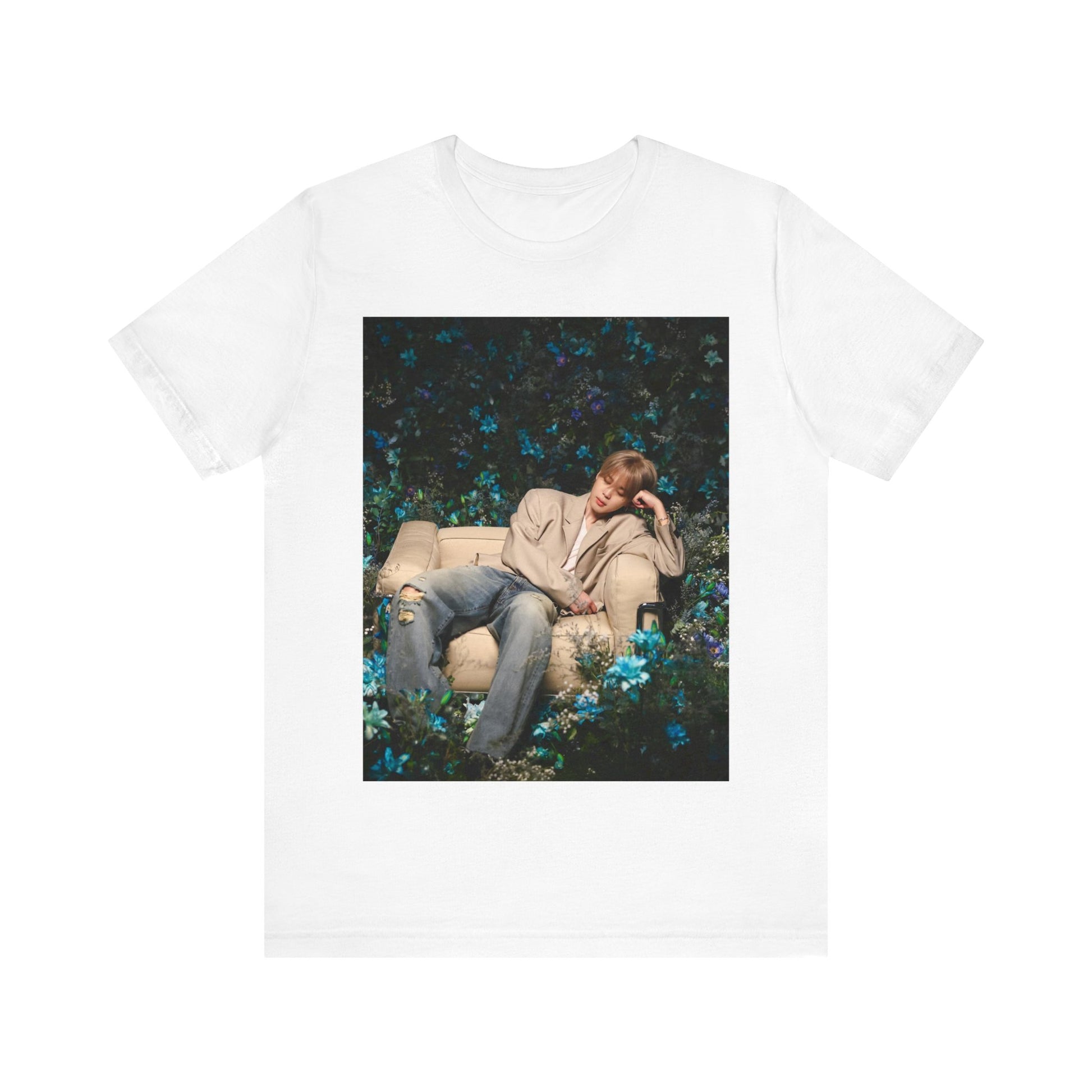 A black graphic t-shirt featuring an aesthetic graphic of Jimin in a K-Pop style.