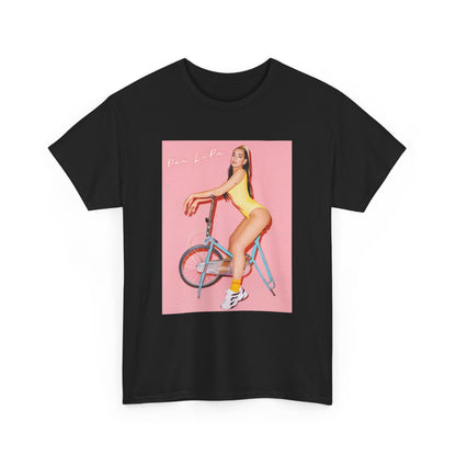 A black graphic t-shirt featuring a bold graphic inspired by Dua Lipa's "Physical" song, possibly with workout themes.