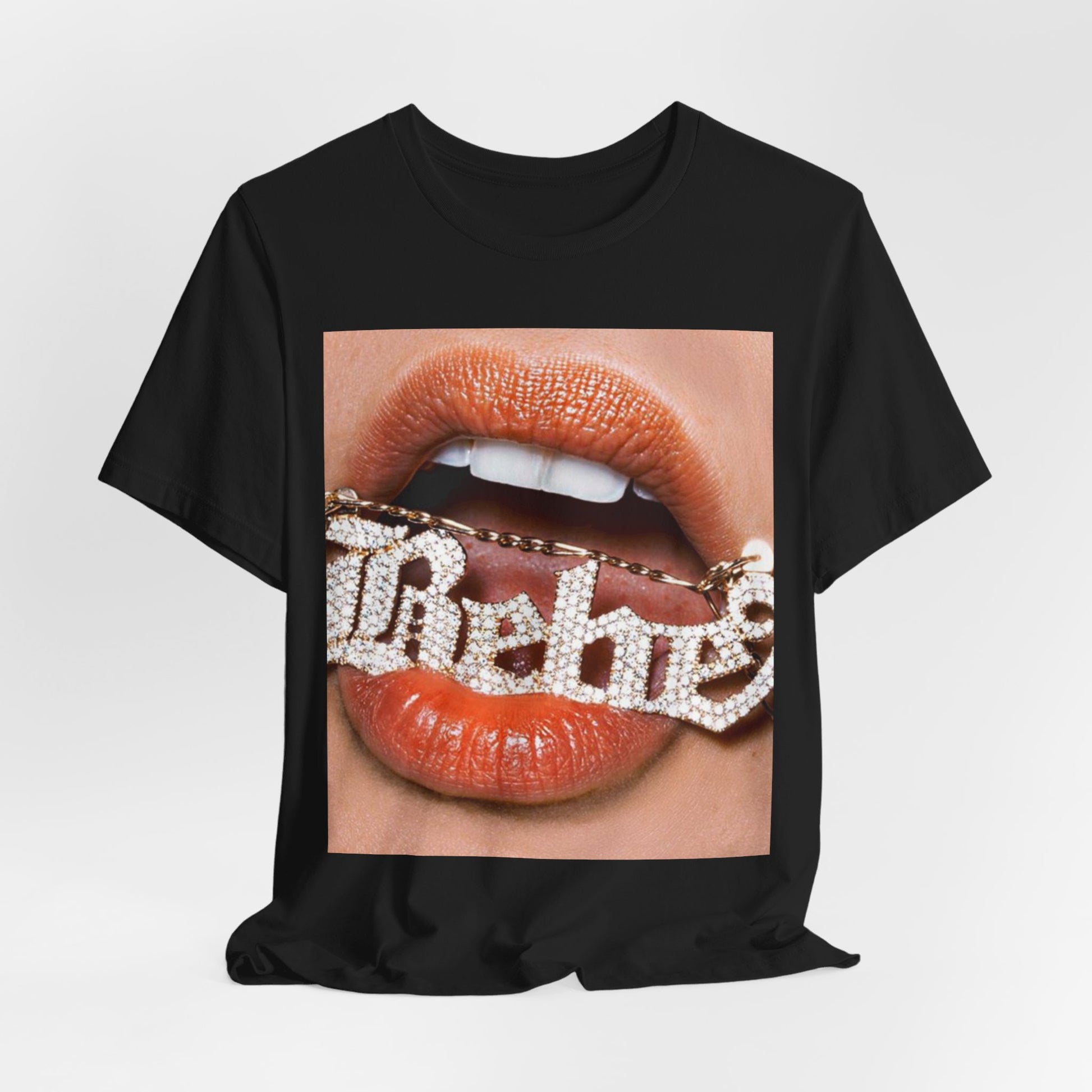 A black graphic t-shirt featuring a retro-style graphic inspired by Bebe Rexha's album art.