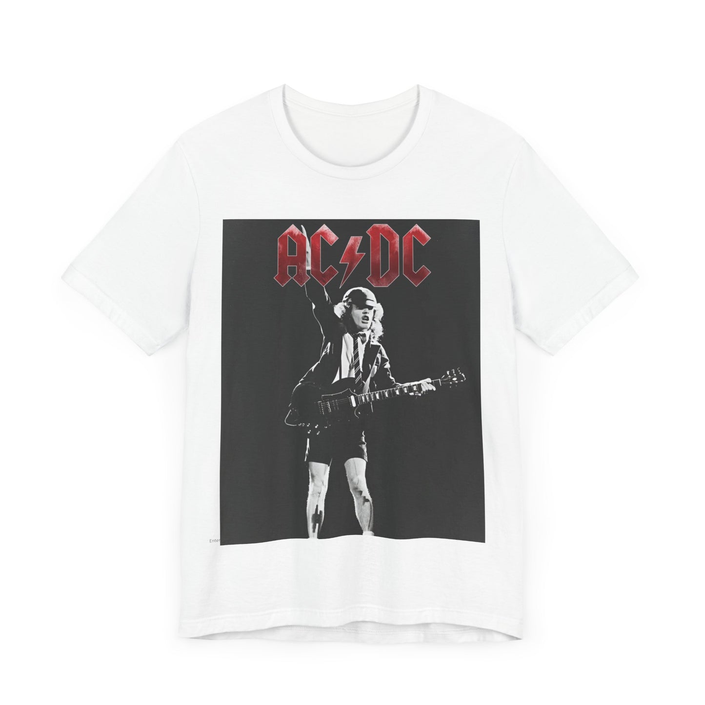 A black and white graphic t-shirt featuring AC/DC band members in a stylized, aesthetic composition, possibly with a grunge or vintage filter.