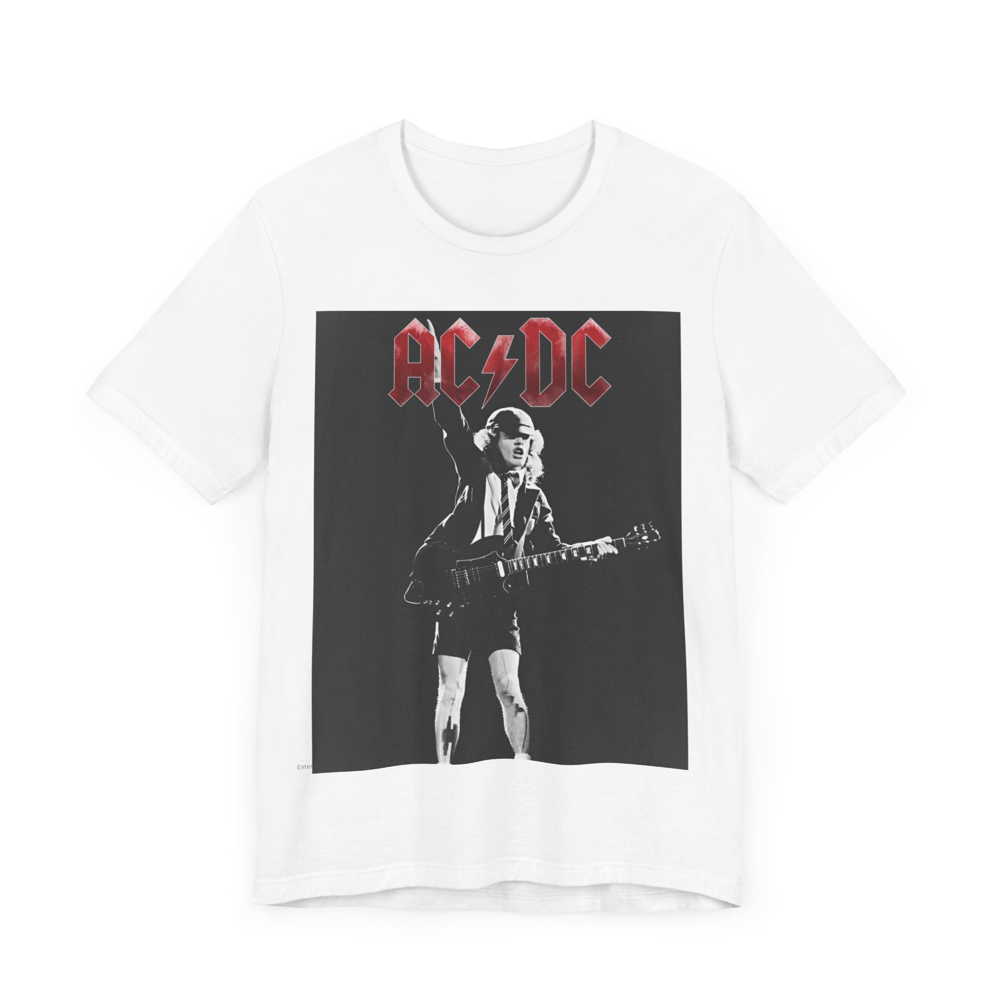 A black and white graphic t-shirt featuring AC/DC band members in a stylized, aesthetic composition, possibly with a grunge or vintage filter.