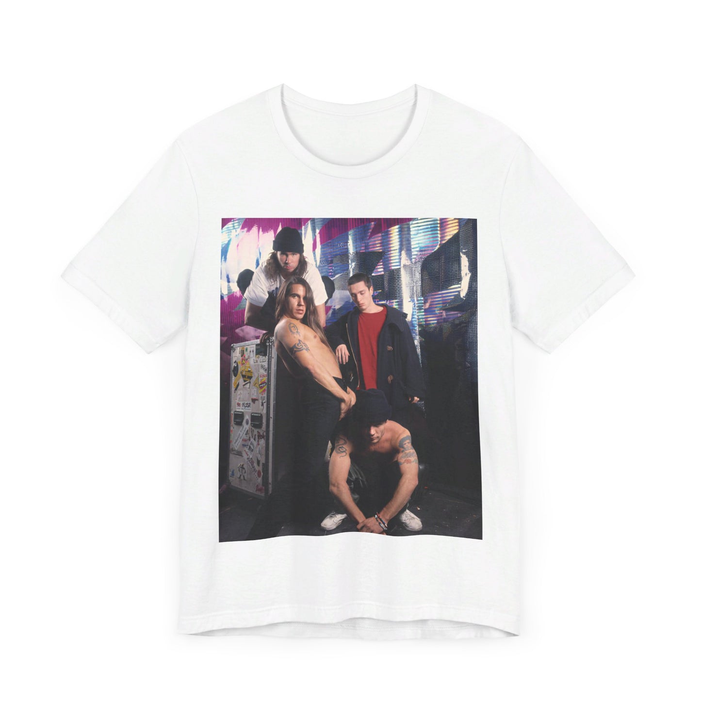 A black graphic t-shirt featuring a 90s alt-rock aesthetic graphic of Red Hot Chili Peppers.