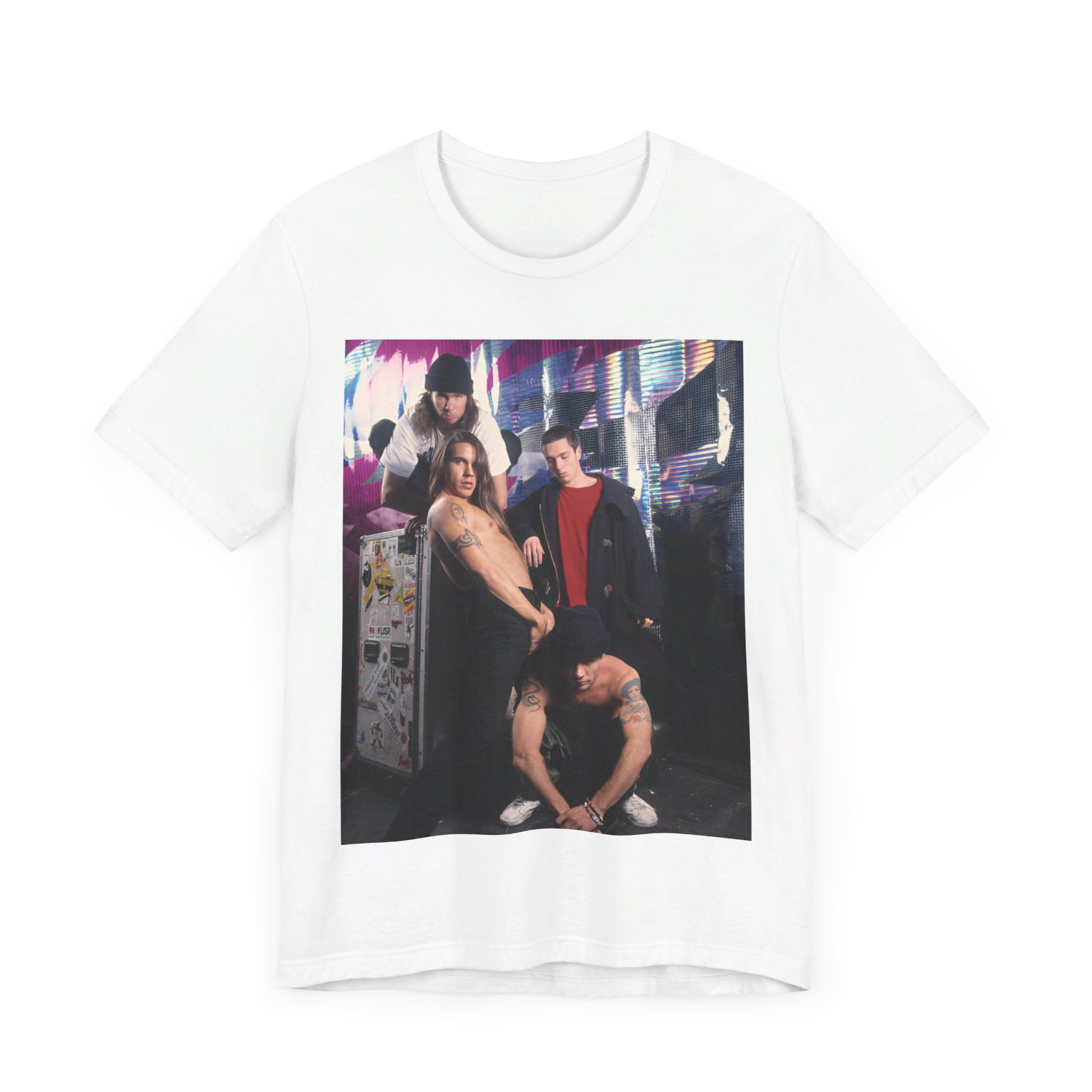 A black graphic t-shirt featuring a 90s alt-rock aesthetic graphic of Red Hot Chili Peppers.