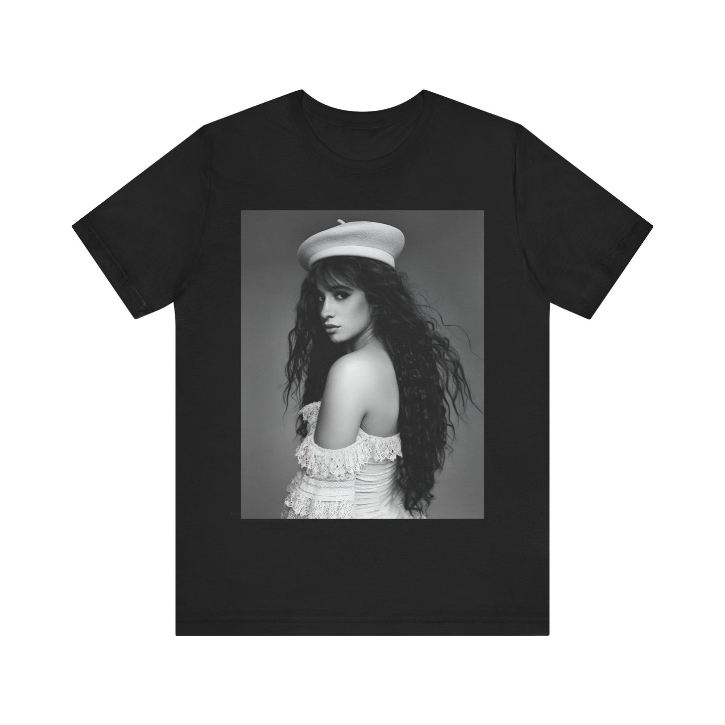 A black graphic t-shirt featuring a black and white graphic of Camila Cabello as a fierce Latina pop star.