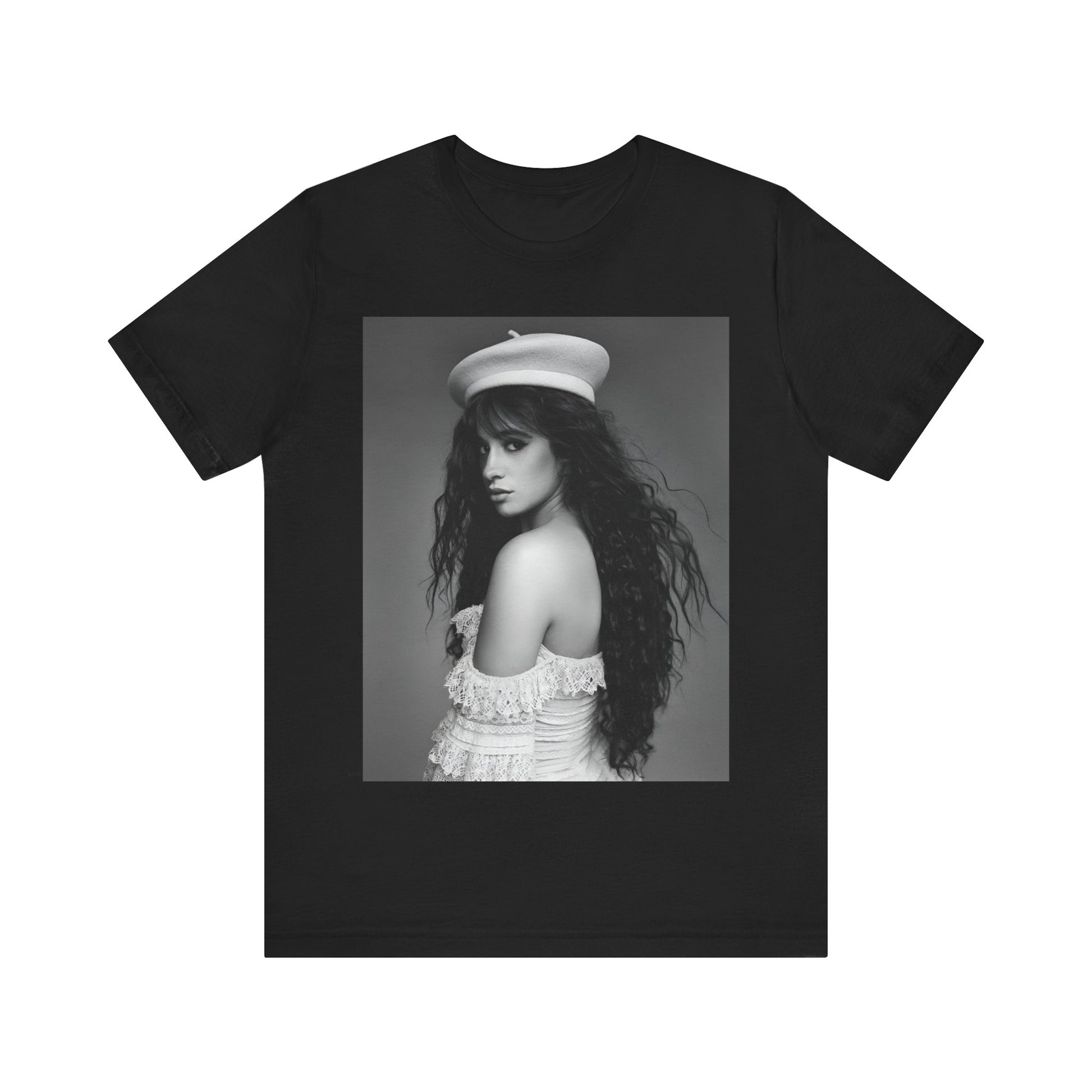 A black graphic t-shirt featuring a black and white graphic of Camila Cabello as a fierce Latina pop star.