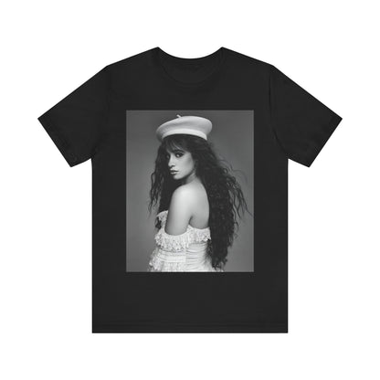 A black graphic t-shirt featuring a black and white graphic of Camila Cabello as a fierce Latina pop star.