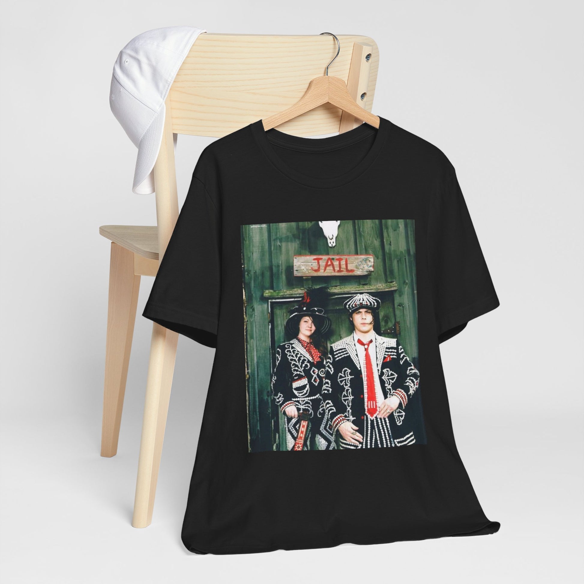 A black graphic t-shirt featuring a graphic of Jack and Meg White from The White Stripes.