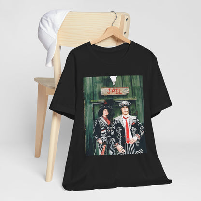 A black graphic t-shirt featuring a graphic of Jack and Meg White from The White Stripes.