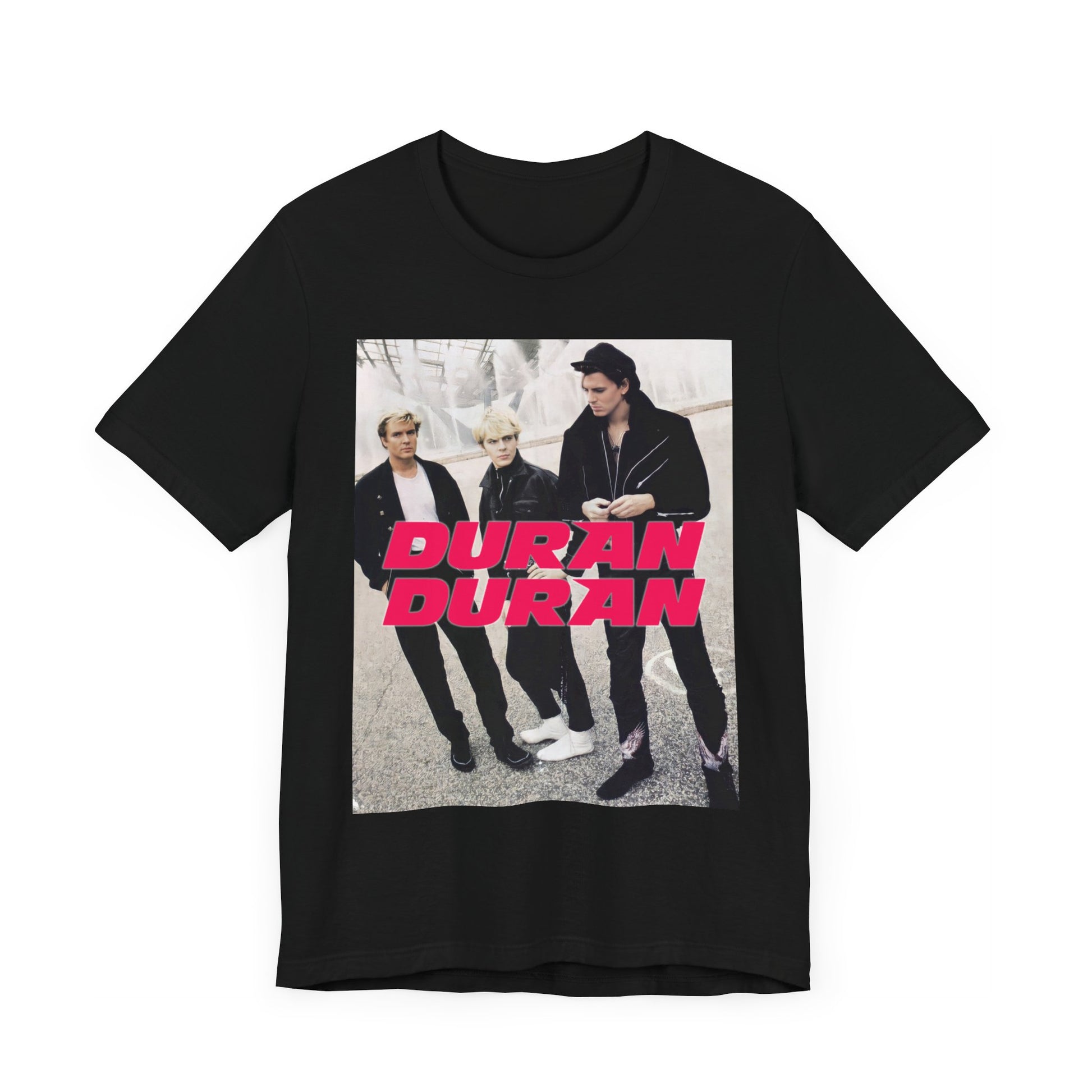 A black graphic t-shirt featuring a vintage new wave aesthetic graphic of Duran Duran.