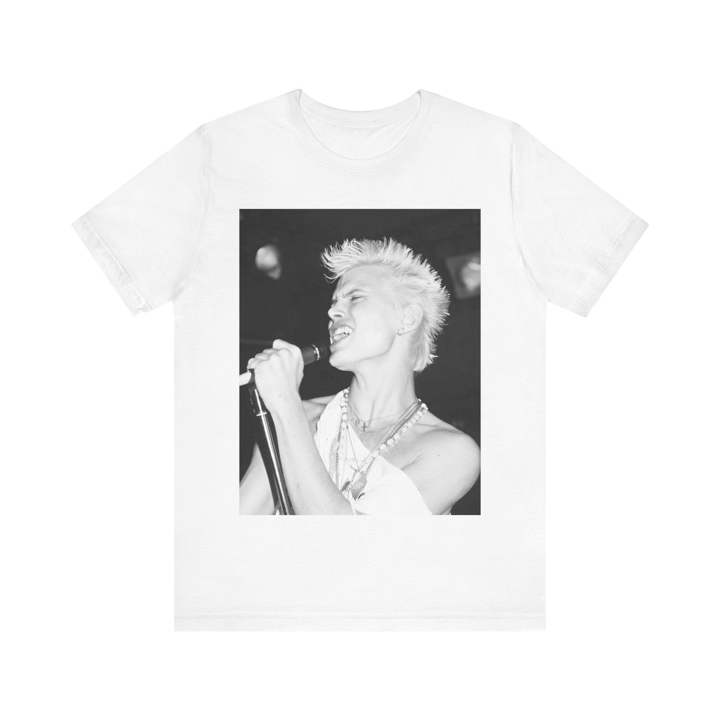 A black graphic t-shirt featuring a black and white photo of Billy Idol performing live on stage.