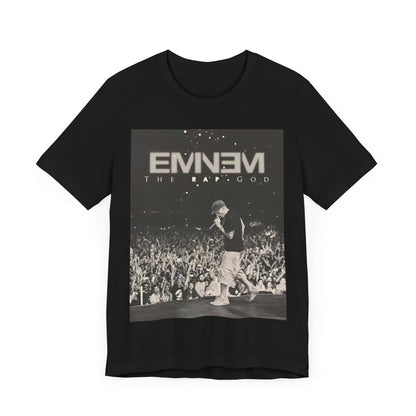 A black graphic t-shirt featuring a graphic or photo of Eminem performing live on tour.