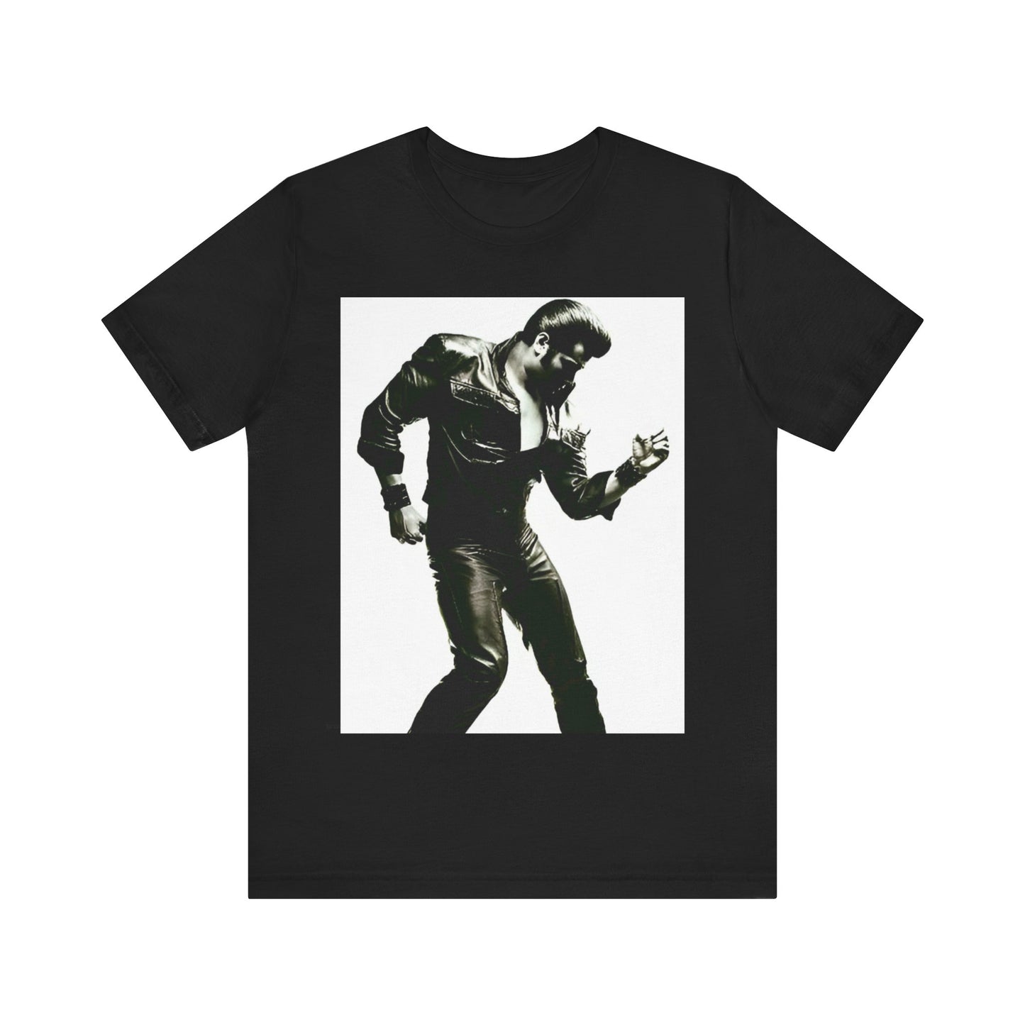 A black graphic t-shirt featuring a retro black and white monochrome photo or graphic of Elvis Presley.