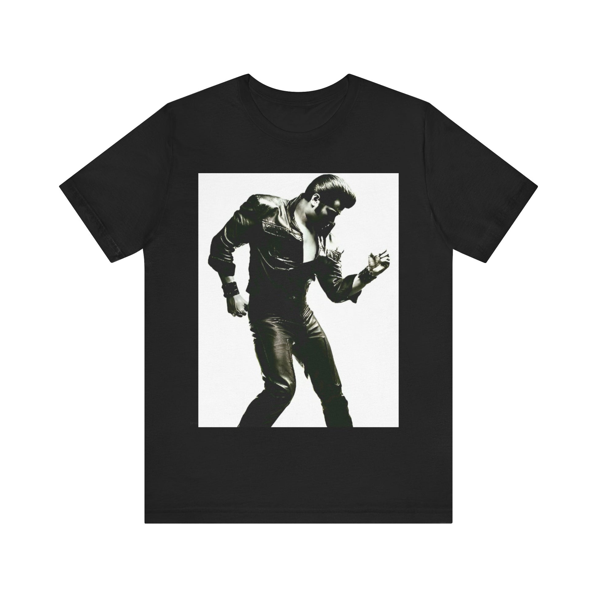 A black graphic t-shirt featuring a retro black and white monochrome photo or graphic of Elvis Presley.