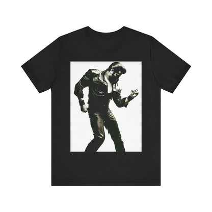 A black graphic t-shirt featuring a retro black and white monochrome photo or graphic of Elvis Presley.