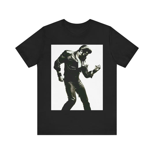 A black graphic t-shirt featuring a retro black and white monochrome photo or graphic of Elvis Presley.