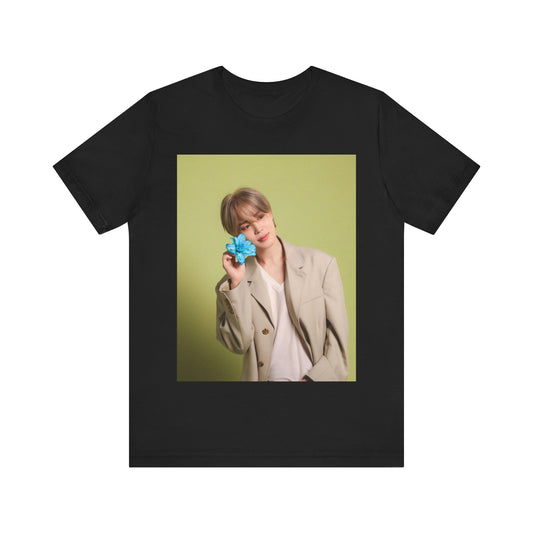 A black graphic t-shirt featuring a vintage K-Pop aesthetic graphic of Jimin.