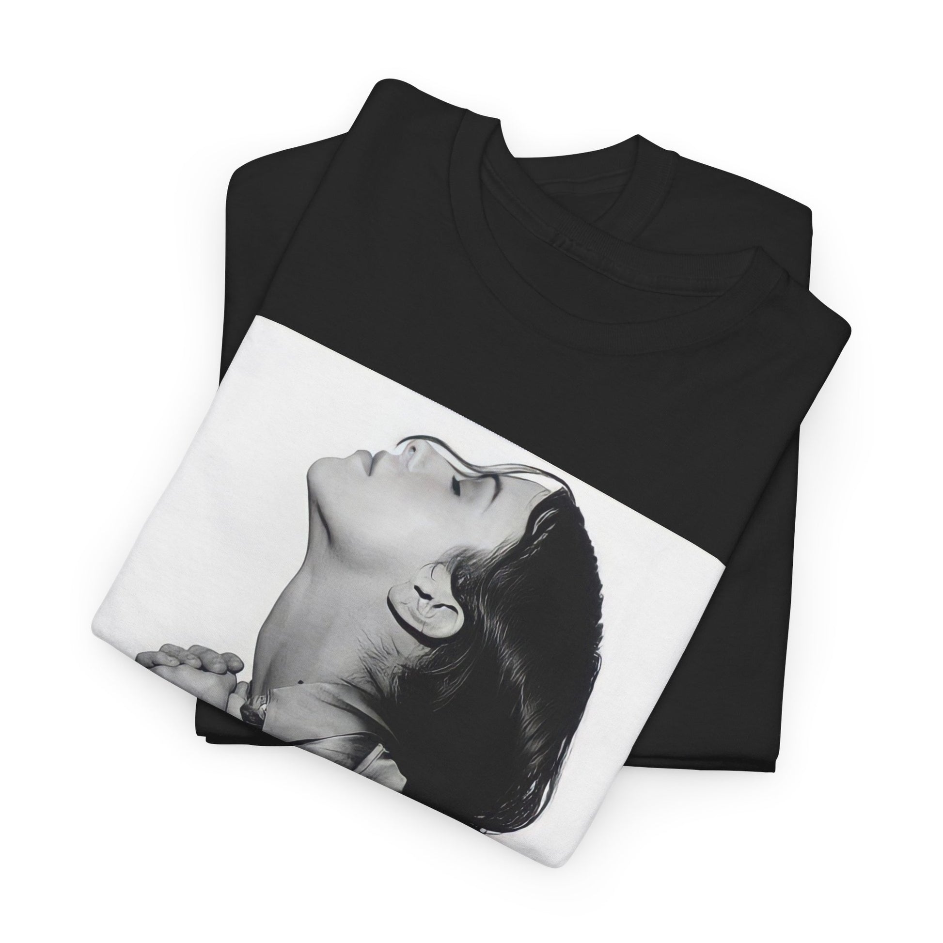 A black graphic t-shirt featuring a vintage black and white portrait of Alanis Morissette, showing her with a poised and thoughtful expression.
