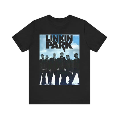 A black graphic t-shirt featuring a vintage graphic related to Linkin Park's 'In the End' song or era.