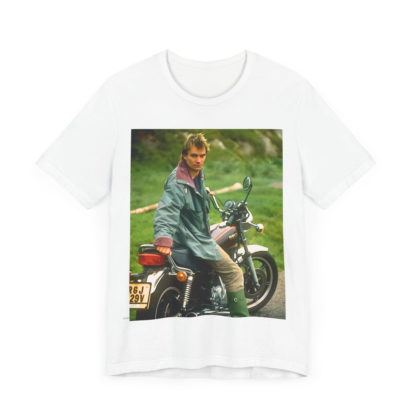 A black graphic t-shirt featuring a graphic of Sting from The Police with a motorcycle theme.