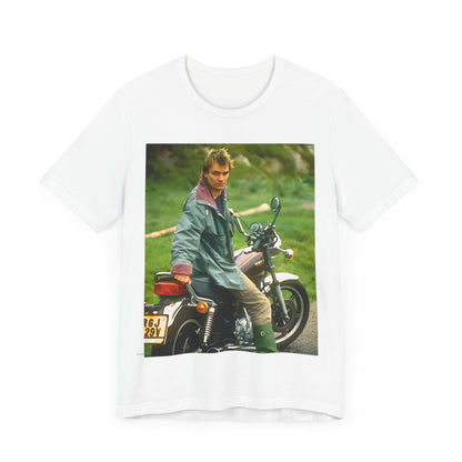 A black graphic t-shirt featuring a graphic of Sting from The Police with a motorcycle theme.